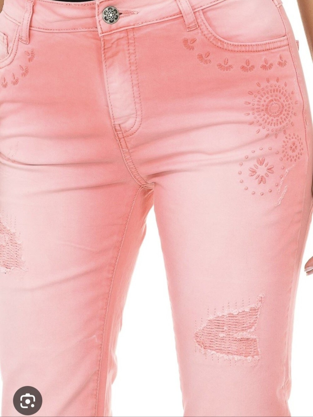 Desigual Exotic Jeans Coral Straight Leg Distressed Embroidered Size 44 US 12